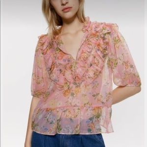 Zara Romantic Boho Ruffle Pink Floral Sheer Top